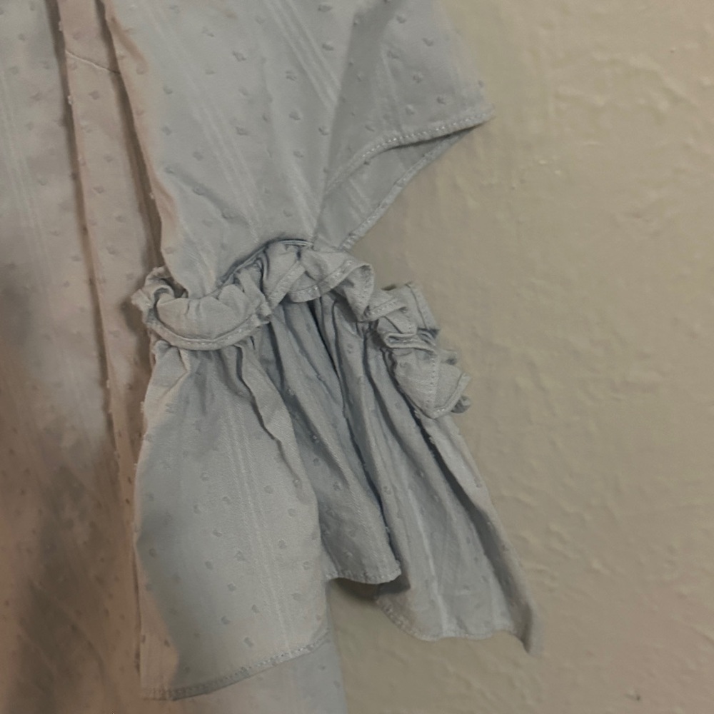 CeCe Light Blue Ruffle-Sleeve Textured Blouse - Picture 3 of 6